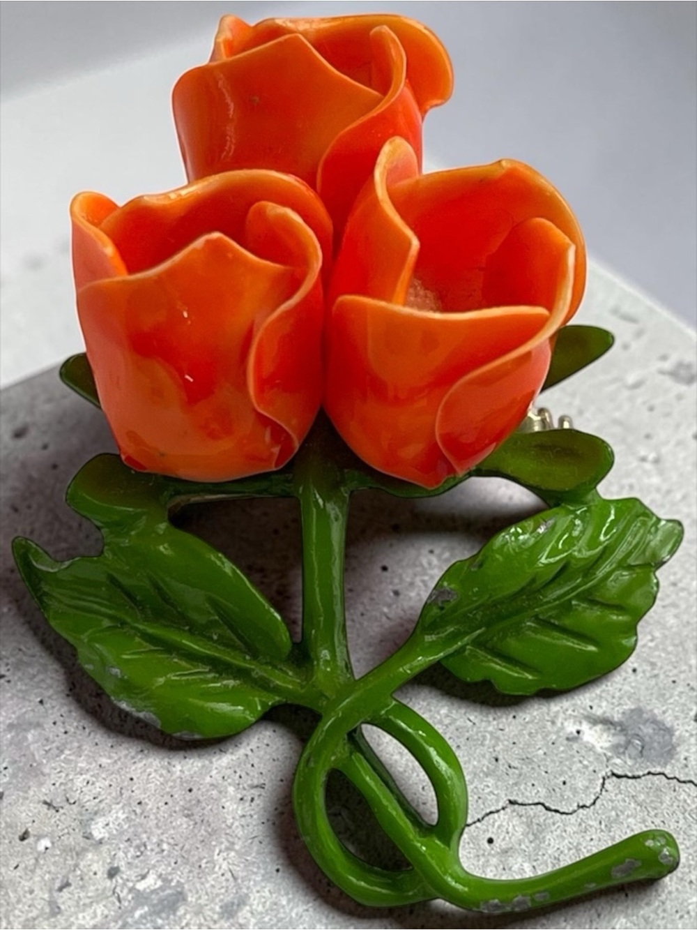 Vintage Orange Enamel Rosebud Brooch